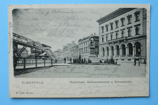 Postcard PC Elberfeld Barmen Wuppertal 1901 elevated railway Bismarck Monument Reichsbank Town architecture NRW